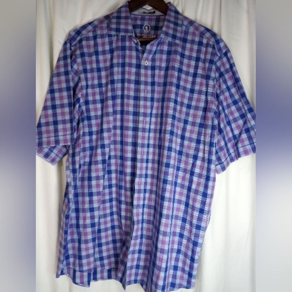 XL EUC Short Sleeve Bugatchi Uomo Purple Blue Plaid Shirt Luxury Preppy Summer - Picture 3 of 5
